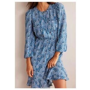 Boden Sz 4 Botanical Print Mini Dress Blue Floral Office Boho Feminine Flowy